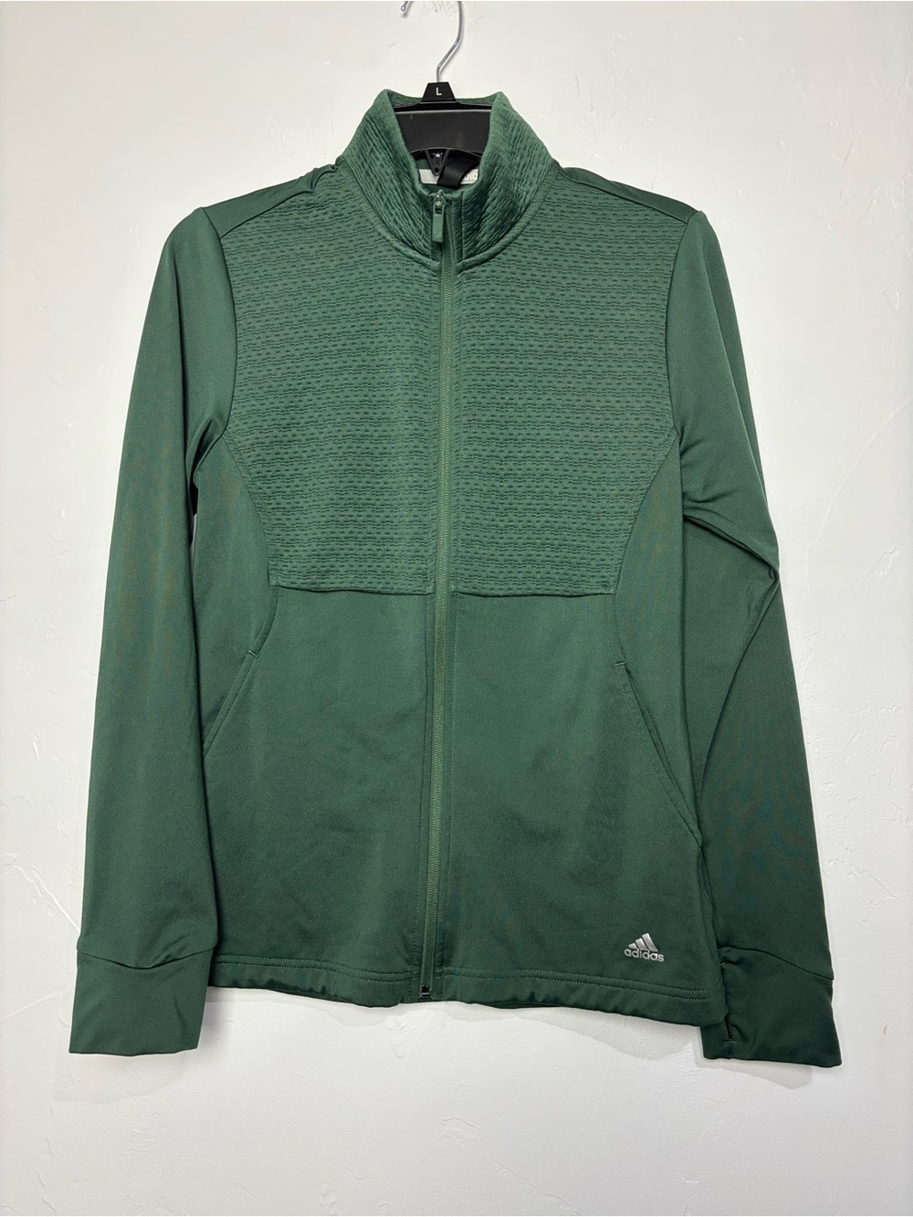 Adidas Full-Zip Green Athletic Jacket Golf Small Textured Sweatshirt Thumb Holes